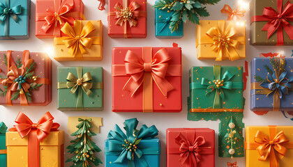 Vibrant collection of beautifully wrapped gift boxes adorned with festive ribbons and bows, perfect for any celebration or holiday surprise.