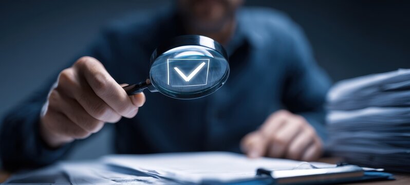 The magnifying glass highlighting a verified checkmark on paperwork in dimly lit office