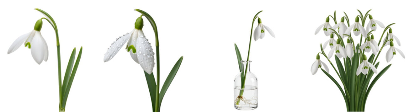 Four stages of snowdrop flowers, from single bloom to bouquet, isolated against a solid backdrop on transparent background