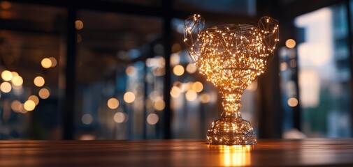 The trophy wrapped in glowing fairy lights on wooden table with bokeh background
