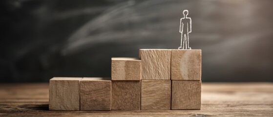The wooden blocks staircase with chalk figure representing career progress and leadership success