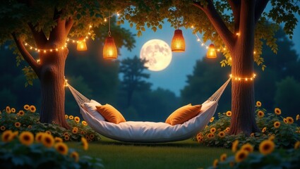 Full Moon Garden Hammock with Golden String Lights and Sunflowers &ndash; Dreamy Night Escape