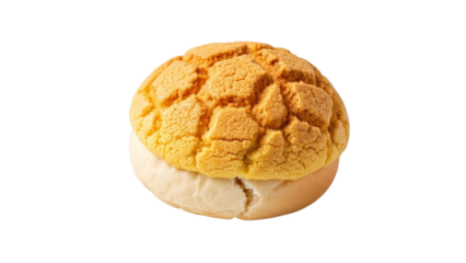 Delightful golden brown pineapple bun, a sweet treat on a bright white background, perfect for food photography or culinary blog content