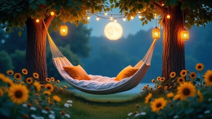 Cozy Moonlit Hammock with Warm Lantern Lights and Sunflowers &ndash; Peaceful Night Garden Scene