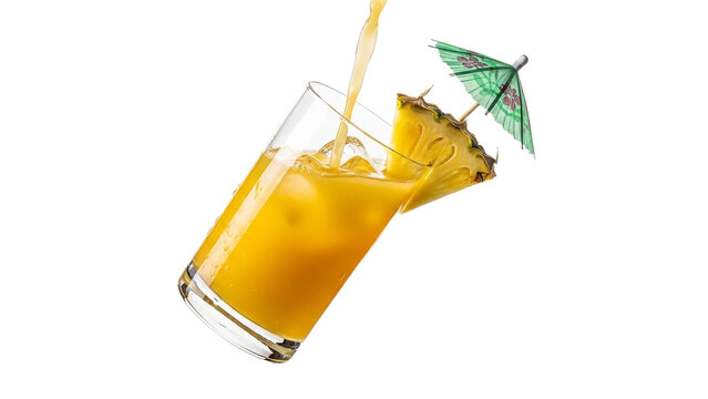 Refreshing tropical beverage featuring vibrant pineapple garnish with a playful cocktail umbrella accents the drink adding a cheerful touch against