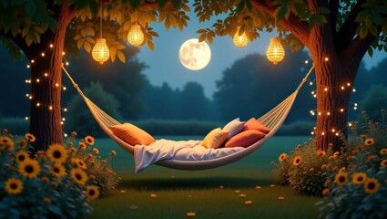 Cozy Moonlit Hammock with Warm Lantern Lights and Sunflowers &ndash; Peaceful Night Garden Scene