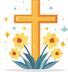 Golden Christian Cross with Yellow Spring Flowers 