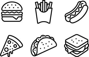 Minimalist black and white fast food icons set, burger, fries, hot dog, pizza slice, taco and sandwich line art
