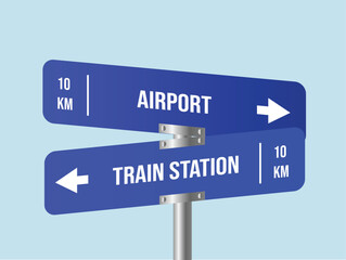 Signage Dilemma: A straightforward signpost presents travelers with a decisive choice: continue to the airport or veer toward the train station. Directional cues and distance indicators guide the way.
