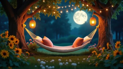 Cozy Moonlit Hammock with Warm Lantern Lights and Sunflowers &ndash; Peaceful Night Garden Scene