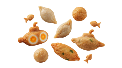 Artistic arrangement of assorted fish cakes, featuring a whimsical submarine shape on a plain white backdrop, creates a fun and appetizing