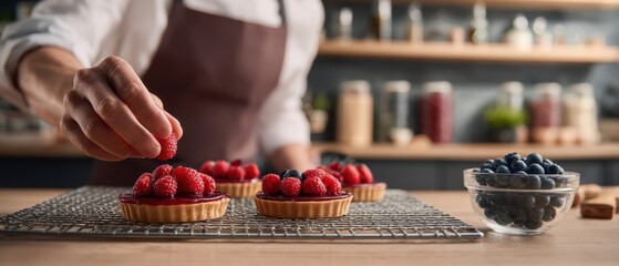 The Raspberry Tart Chef Arranging Fresh Berries on Homemade Pastry in Rustic Kitchen