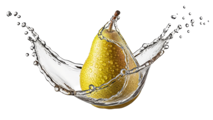 Dynamic Refreshment: A Ripe Pear Embraced by a Captivating Splash of Pure Water Action