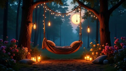 Enchanted Outdoor Bed With Lanterns and Soft String Lights