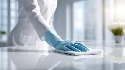 Immaculate Surface: A gloved hand delicately wipes a pristine surface, emphasizing cleanliness and attention to detail.
