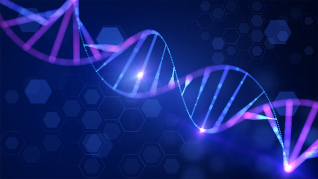 Shiny particle DNA helix background. Abstract genetics technology and bio data concept. For science presentation medical innovation. Digital structure biotechnology and scientific research background
