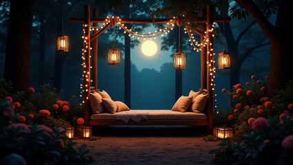 Enchanted Outdoor Bed With Lanterns and Soft String Lights