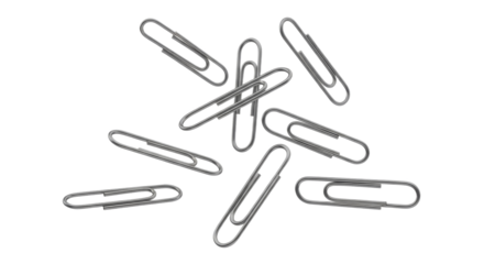 Scattered metallic paperclips on a clean white surface, symbolizing organization, office supplies and connection visual for efficiency themed layouts