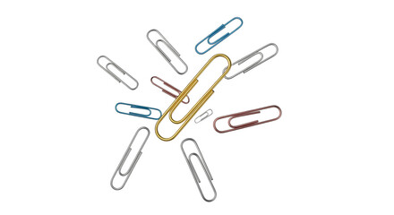 A collection of vibrant paper clips scattered on a pristine white canvas showcasing office supplies and organization essentials for desktop use