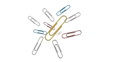 A collection of vibrant paper clips scattered on a pristine white canvas showcasing office supplies and organization essentials for desktop  use