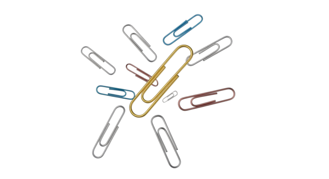 A collection of vibrant paper clips scattered on a pristine white canvas showcasing office supplies and organization essentials for desktop  use - Powered by Adobe