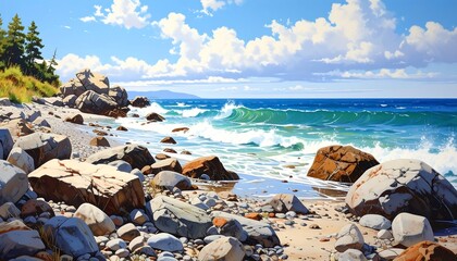 Coastal scene rocky shore, turquoise waves crashing onto sand, sunny sky dotted with fluffy clouds, and green trees