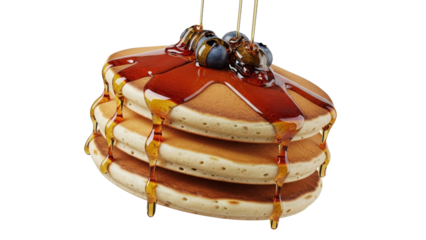 Stack of fluffy pancakes drizzled with glossy maple syrup and fresh blueberries creates a delightful breakfast indulgence