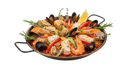 A vibrant seafood paella with rice, shellfish, fish, lemon, and vegetables creates a visual feast of Mediterranean cuisine, showcasing the rich