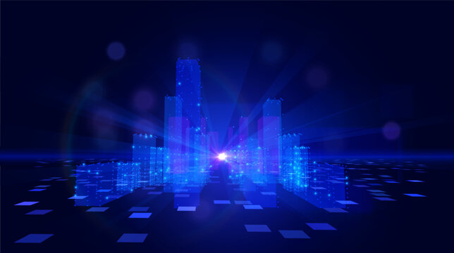 Blue violet futuristic cityscape with big data network flows vector background. Digital transformation metropolis skyline with data particles for technology presentations and fintech visualizations.