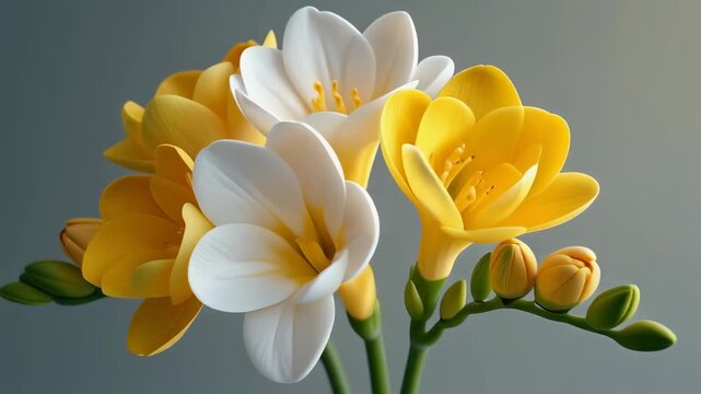 &ldquo;Super 3D realistic freesia flowers with vibrant yellow and white tones, gentle sway, 