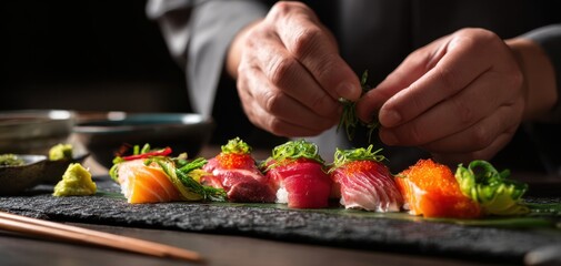 The sushi chef plating fresh nigiri with vibrant garnishes on a slate board