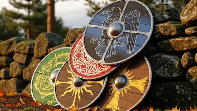 Decorative shields with intricate designs leaning against stone wall  