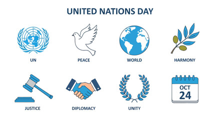 Eight blue and white icons illustrating concepts related to United Nations Day