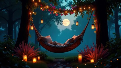 Romantic Hanging Bed With Lanterns in Moonlit Forest