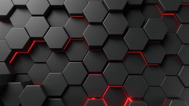 Seamless 3D geometric wallpaper featuring a red hexagonal honeycomb pattern with a black metallic texture and abstract technology grid structure for a modern business backdrop illustration