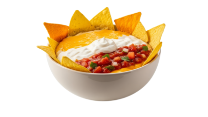A Vibrant Bowl of Loaded Nachos: Tortilla Chips Crowned with Cheese, Sour Cream, and Salsa in a Festive Culinary Display