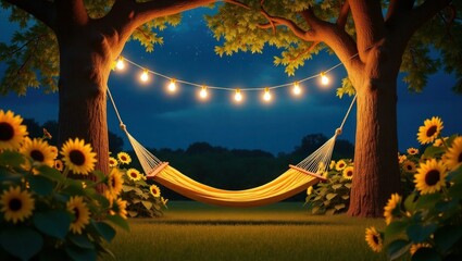 Cozy Hammock With String Lights in a Sunflower Garden