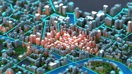 Dynamic 3D digital city map showcasing urban network infrastructure and illuminated data hotspots, symbolizing smart city planning and modern technological integration