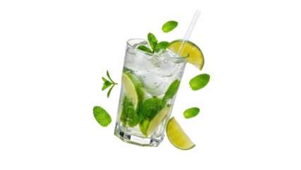 Refreshing mojito cocktail with lime and mint levitating on a white background scene to evoke a sense of pure summer bliss