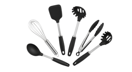 Essential Cooking Tools: A modern kitchen utensil arrangement featuring spatula, whisk, tongs and black cooking spoon on a white surface displaying