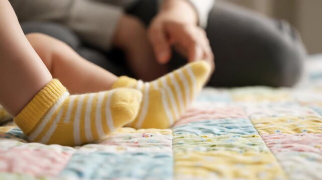 Close-up of baby feet wearing yellow and white striped socks