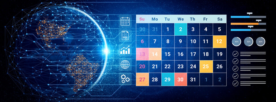 A digital calendar displaying monthly dates along with data visualization icons and a global network theme, ideal for showcasing business scheduling and planning tools. Gantry