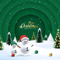 Merry Christmas ornaments with snowy scenes and glowing festive winter trees. Merry Christmas wish snowy background. Christmas season with 3D cheerful snowman.