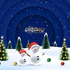 Merry Christmas ornaments with snowy scenes and glowing festive winter trees. Merry Christmas wish snowy background. Christmas season with 3D cheerful snowman.
