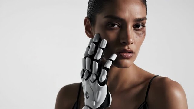 Woman with advanced bionic prosthetic arm touching her forehead with a serious expression against a white background