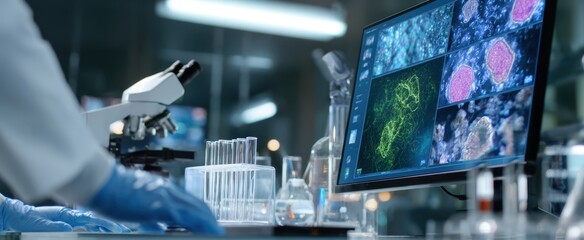 The microscope and computer display revealing cellular imaging in a modern research laboratory