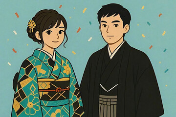 晴れ着姿の男女が並ぶ和装のベクターイラスト