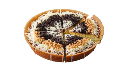 Martabak Manis: An Indonesian sweet pancake with chocolate sprinkles cheese and nuts, sliced and displayed on a white background enhancing its