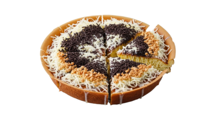 Martabak Manis: An Indonesian sweet pancake with chocolate sprinkles cheese and nuts, sliced and displayed on a white background enhancing its