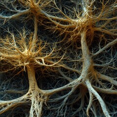Intricate glowing neural network structure with branching connections forming an abstract web of biological communication